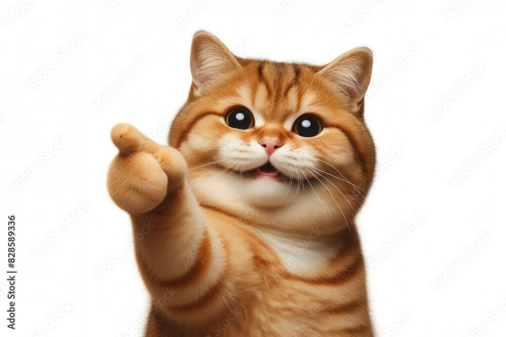 Smiling funny cat pointing away portrait Isolated on white background Smiling funny cat pointing away portrait Isolated on white background
