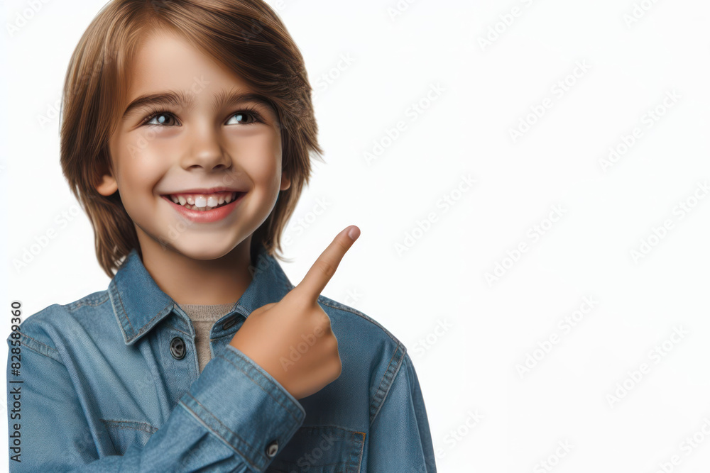 Smiling kid pointing away portrait Isolated on white background Smiling kid pointing away portrait Isolated on white background
