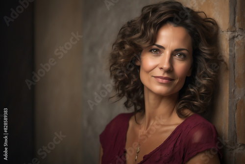 Confident Mature Woman with Curly Hair Posing Against Textured Wall in Soft Lighting