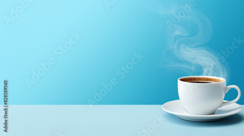 Cup of coffee with smoke on pastel blue background, generative AI