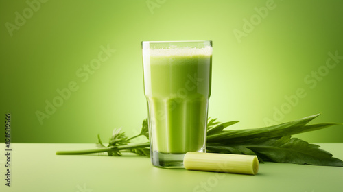 Celery juice in a glass on a green background, generative AI