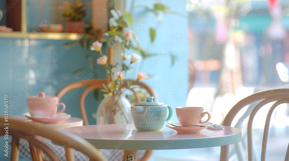 Table set with chairs and cups and saucers arranged on top in pastel cafe setting Table set with chairs and cups and saucers arranged on top in pastel cafe setting