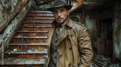Man in vintage detective coat and fedora standing in old, abandoned building with peeling paint and wooden stairs.