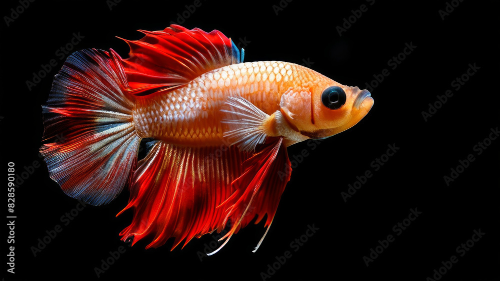 The brightly colored betta fish, also known as the Siamese fighting fish. Its fins and body are highlighted with red and orange hues. The brightly colored betta fish, also known as the Siamese fighting fish. Its fins and body are highlighted with red and orange hues.