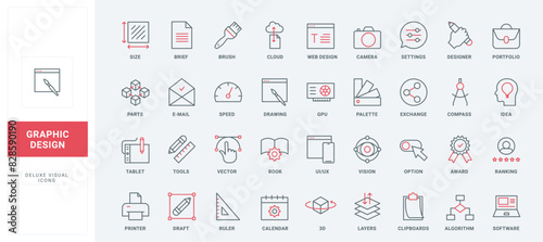 Creative graphic design, digital project creation line icons set. Options and settings, cloud program editing tools to customize art process thin black and red outline symbols vector illustration