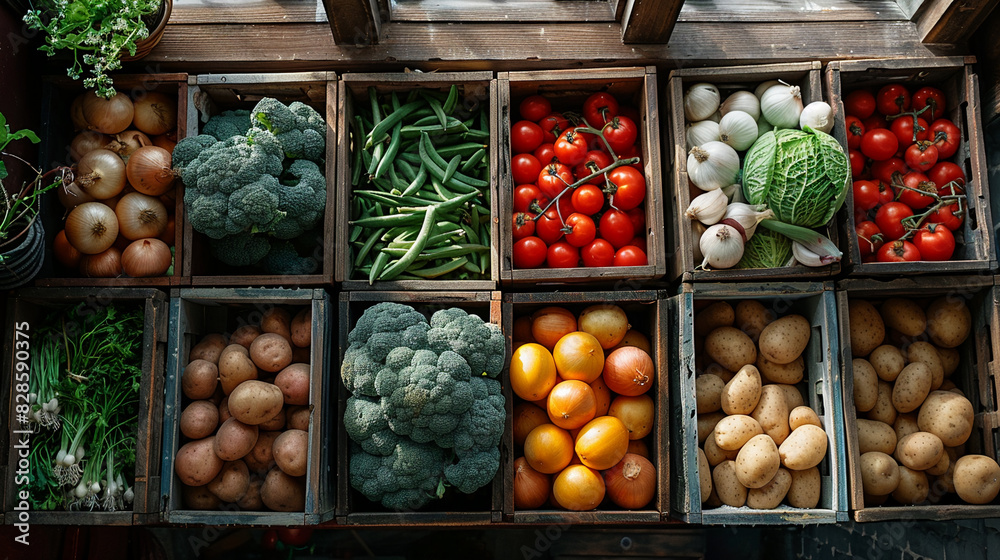 Boxes filled with a variety of fresh vegetables such as carrots, cabbage, onions, and potatoes