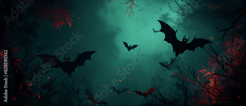 A group of bats flying in the air in a dark forest