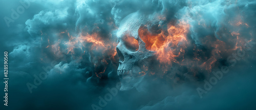 A skull is floating in the sky with orange and blue clouds