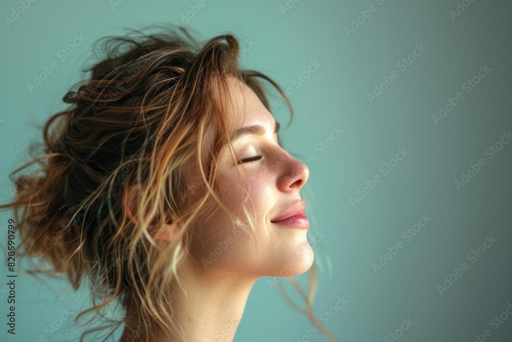 A close up of a woman's face with her eyes closed looking to a side A close up of a woman's face with her eyes closed looking to a side
