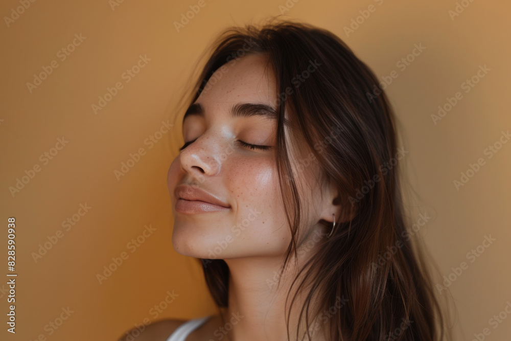 A close up of a woman's face with her eyes closed looking to a side A close up of a woman's face with her eyes closed looking to a side