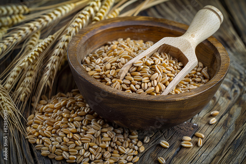 Wooden bowl filled with wheat grains and placed on top of wooden table photo