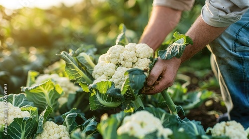 a man harvests cauliflower. selective focus
