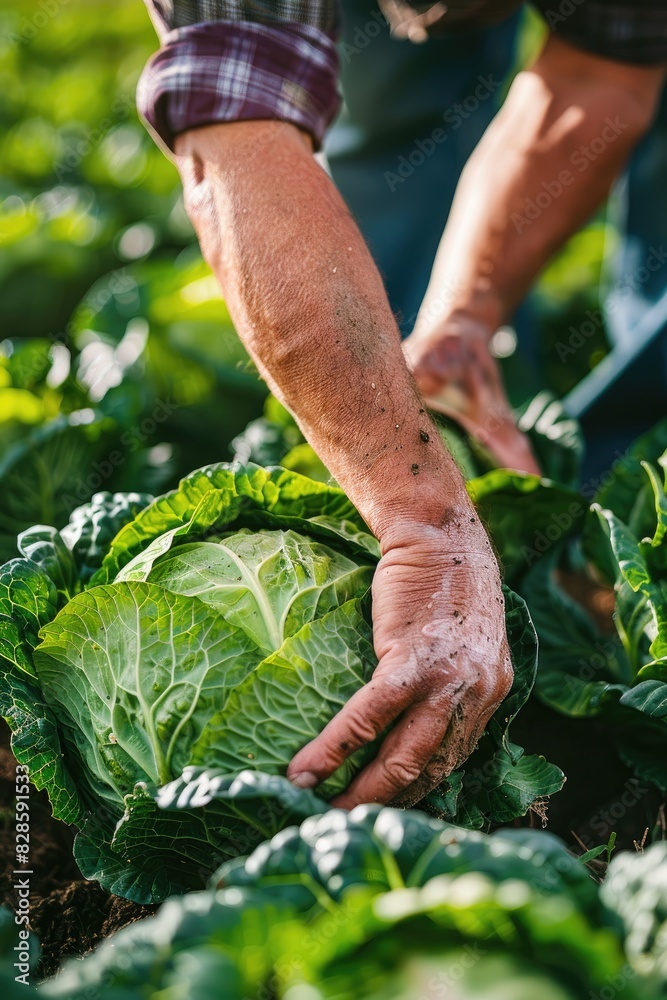 Obraz premium a man harvests cabbage on the plot. selective focus