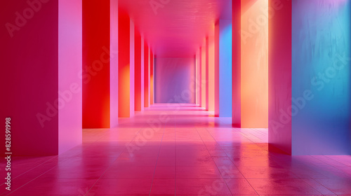 A long hallway with pink walls and pink pillars