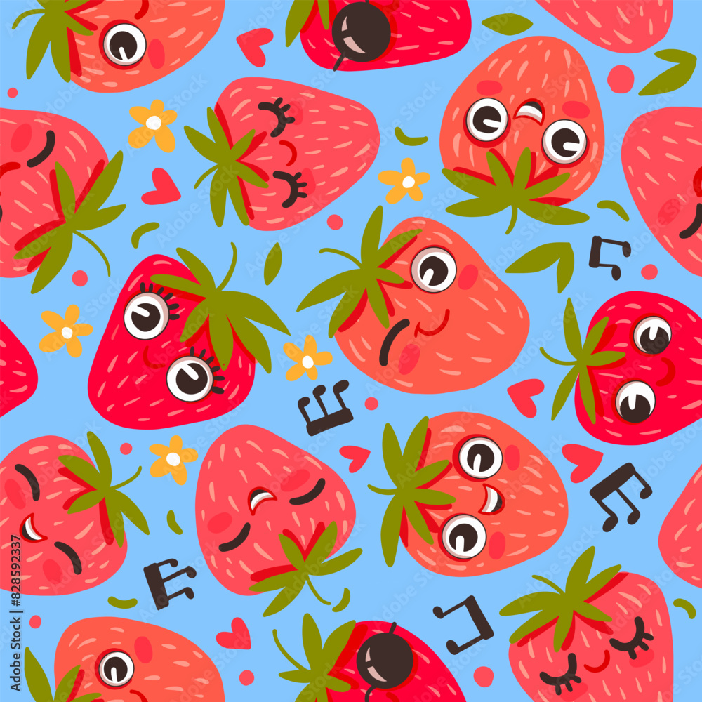 Cute funny strawberry summer pattern. Vector illustration