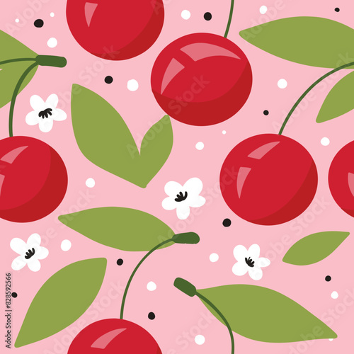 Cute funny cherry summer pattern. Vector illustration (ID: 828592566)
