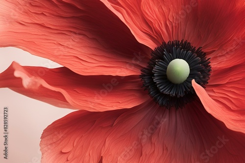 Close-up of vibrant red poppy flower, detailed petals, black stamens, green center, macro photography, floral beauty, nature's intricate design, botanical