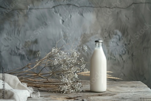 Bottle of milk on a wooden surface with dried flowers and textured background. © Larisa