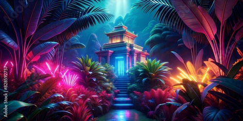 bright NEON JUNGLE FOLIAGE with a large temple in the background ( a temple of light and peace)