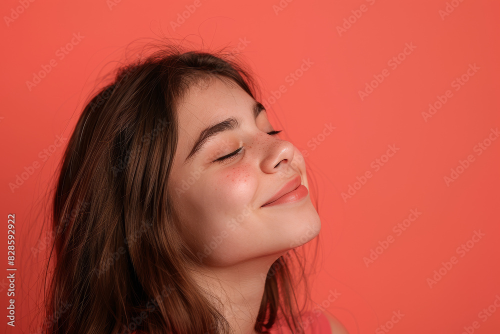A close up of a woman's face with her eyes closed looking to a side A close up of a woman's face with her eyes closed looking to a side