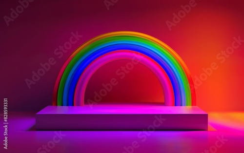 A colorful rainbow arch neon sign illuminates a platform against a red backdrop. The vibrant hues create a captivating and playful atmosphere. © sceneperfect
