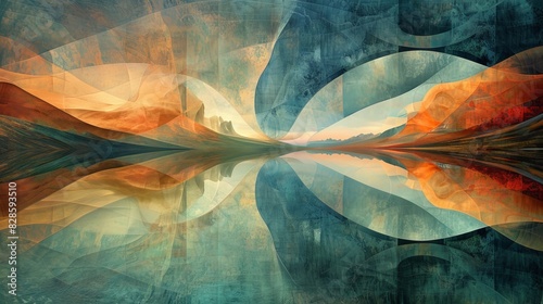 Abstract landscape painting with vibrant colors, reflecting symmetry, and surreal elements. Perfect for modern decor and artistic inspiration.