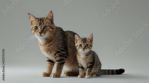 Two cats on a white background, a kitten with its mother on a white background