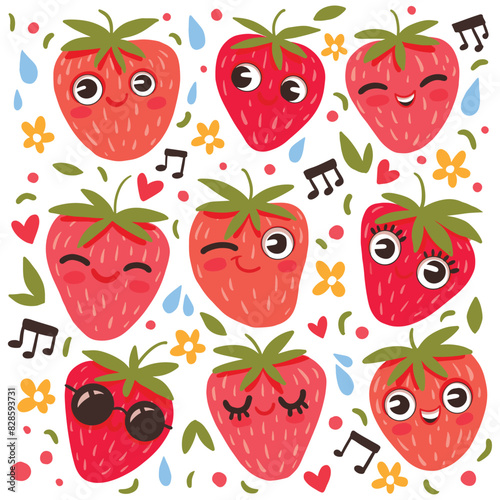 Cute funny strawberry summer pattern. Vector illustration (ID: 828593731)