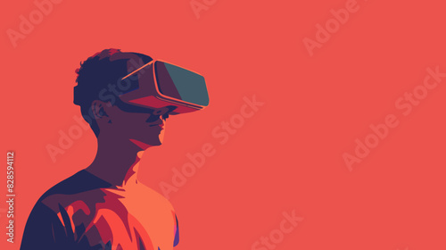 man with vr goggles on orange background and copy space