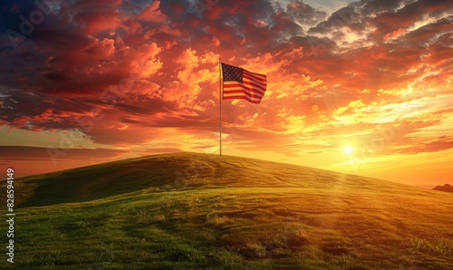 Solitary American Flag on Hilltop at Sunset Capturing the Spirit of Independence Day Without Crowds