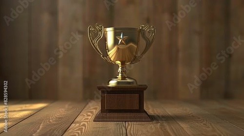 A golden trophy with a star emblem on a wooden surface