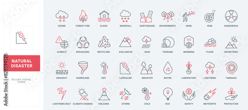 Natural disaster line icons set. Risk and danger of accidents, protection from earthquake and house in flood, forest fire and storm, tsunami thin black and red outline symbols vector illustration