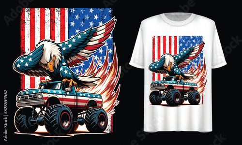 Eagle Monster Truck, 4th of July, USA Flag. Vintage T-shirt Design.