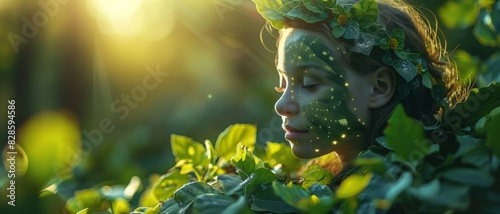 A woman with face paint and foliage crown blends into the lush green forest, bathed in warm sunlight. photo