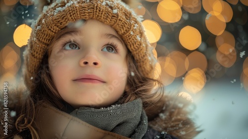 A young child bundled in winter clothing looks up with an enchanting expression as snow falls