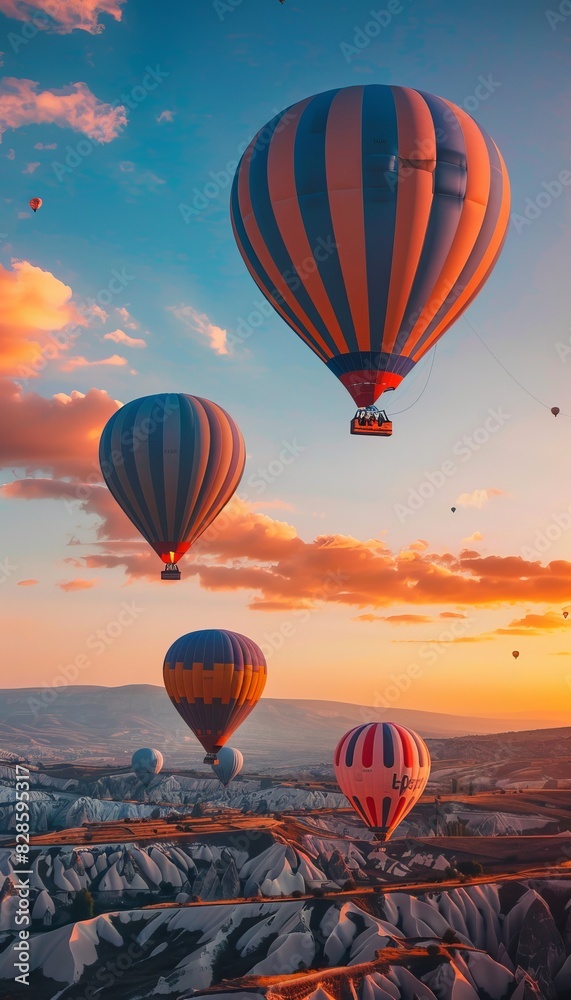 Obraz premium Colorful hot air balloons flying over enchanting cappadocia at sunrise, surreal and vibrant scene