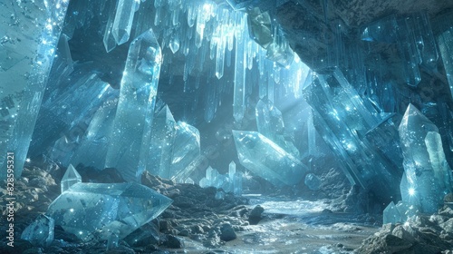 A majestic ice crystal cave glistens with ethereal blue light and frozen splendor
