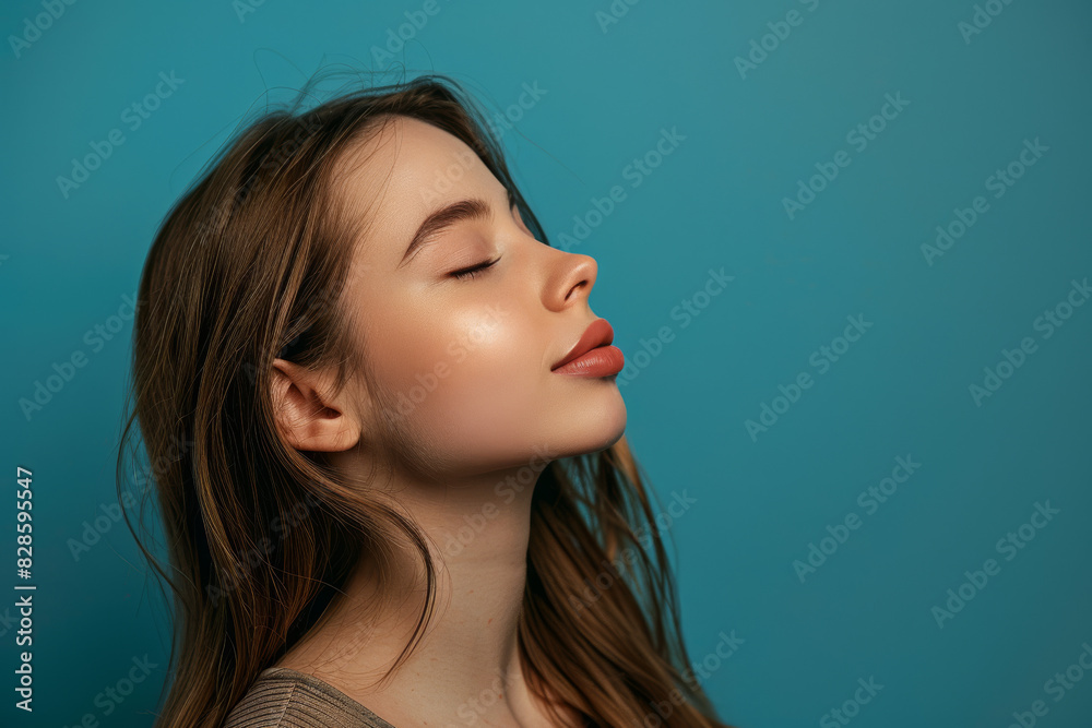 A close up of a woman's face with her eyes closed looking to a side A close up of a woman's face with her eyes closed looking to a side