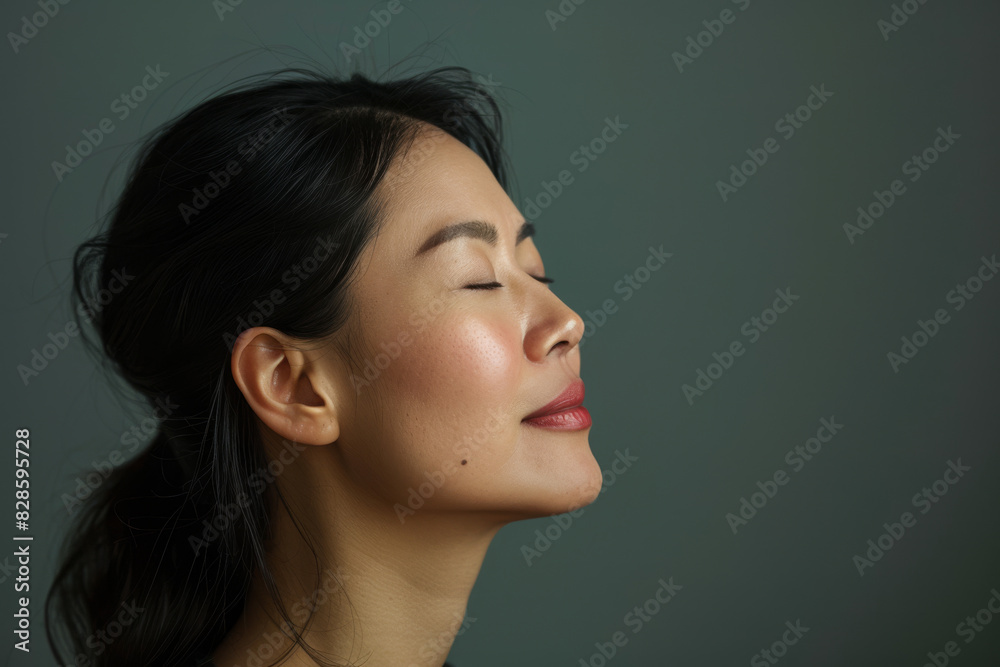 A close up of a woman's face with her eyes closed looking to a side A close up of a woman's face with her eyes closed looking to a side