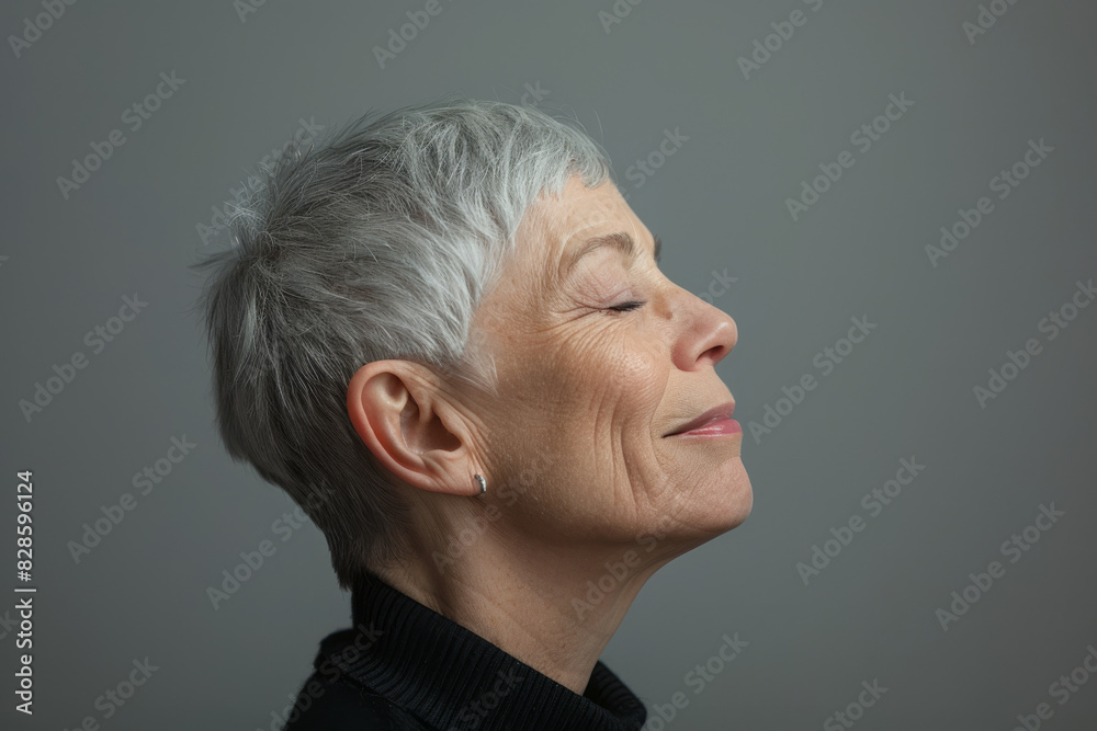 Fototapeta premium A close up of a woman's face with her eyes closed looking to a side
