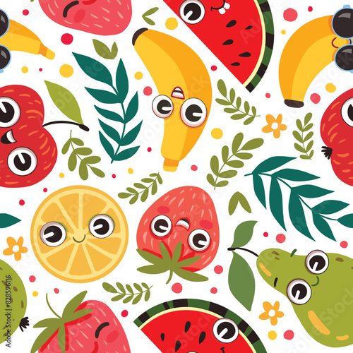 Cute funny summer fruit seamless pattern. Vector illustration (ID: 828596116)