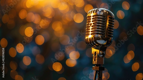 A vintage microphone shines under warm bokeh lights ready for a performance photo