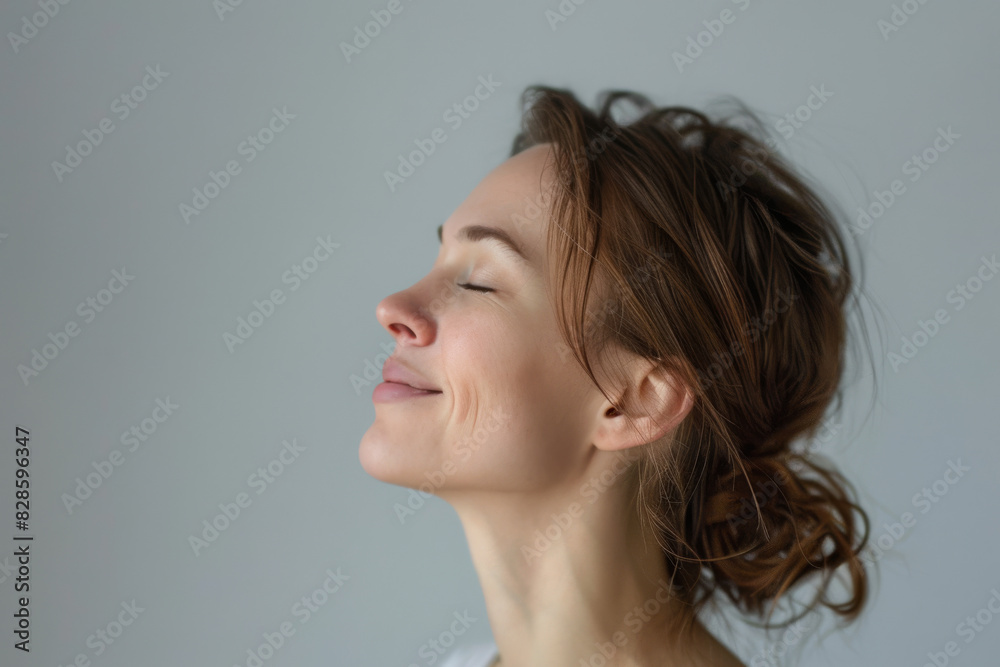 A close up of a woman's face with her eyes closed looking to a side A close up of a woman's face with her eyes closed looking to a side