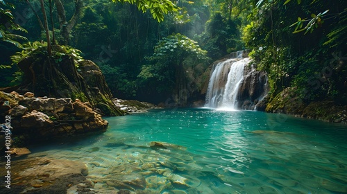 A tranquil jungle scene with a beautiful waterfall cascading into a clear blue pool  surrounded by lush green vegetation.