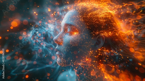 Conceptual portrait featuring a profile surrounded by glowing light trails and particles