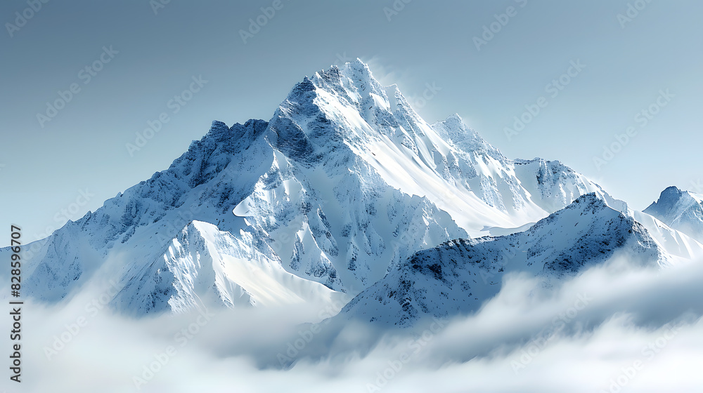 Majestic snow-covered mountain peak emerging from a sea of clouds under a clear blue sky, ideal for nature and adventure themes. Majestic snow-covered mountain peak emerging from a sea of clouds under a clear blue sky, ideal for nature and adventure themes.