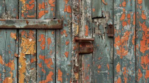 A weathered peeling paint door with rusted metal latch and vibrant orange patches