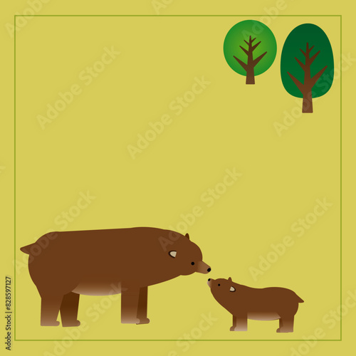 余白ありクマの親子と木のイラスト
