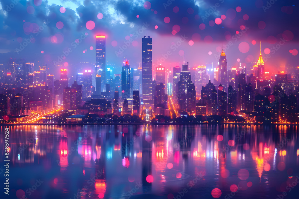 Stunning cityscape with colorful lights reflecting in the water. The skyline is illuminated, creating a vibrant and magical urban scene.
