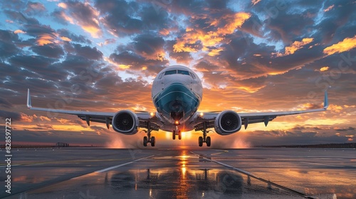 A majestic airplane landing with the sunset in the background and reflections on the wet tarmac of the runway photo
